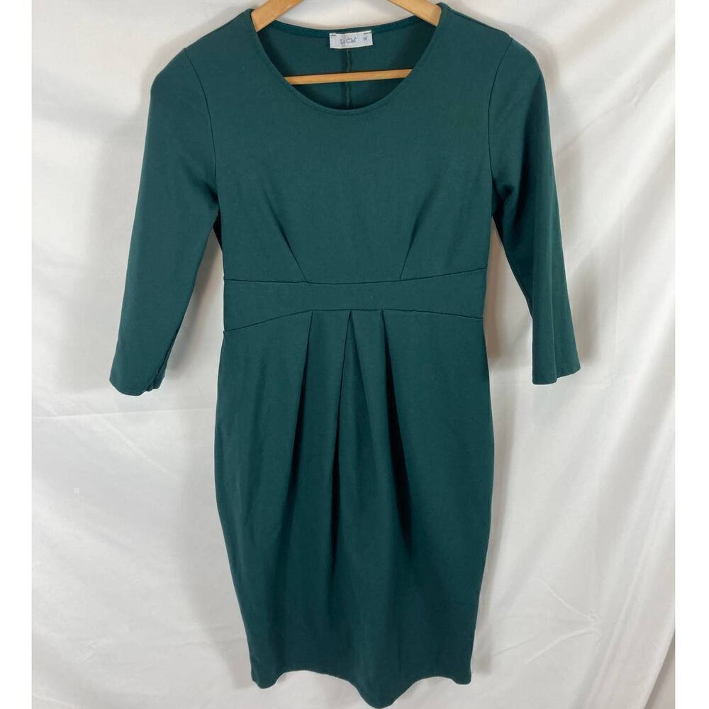 LaClef Womens Dress Green Knee Length Pleated 3/4 Sleeve size medium
